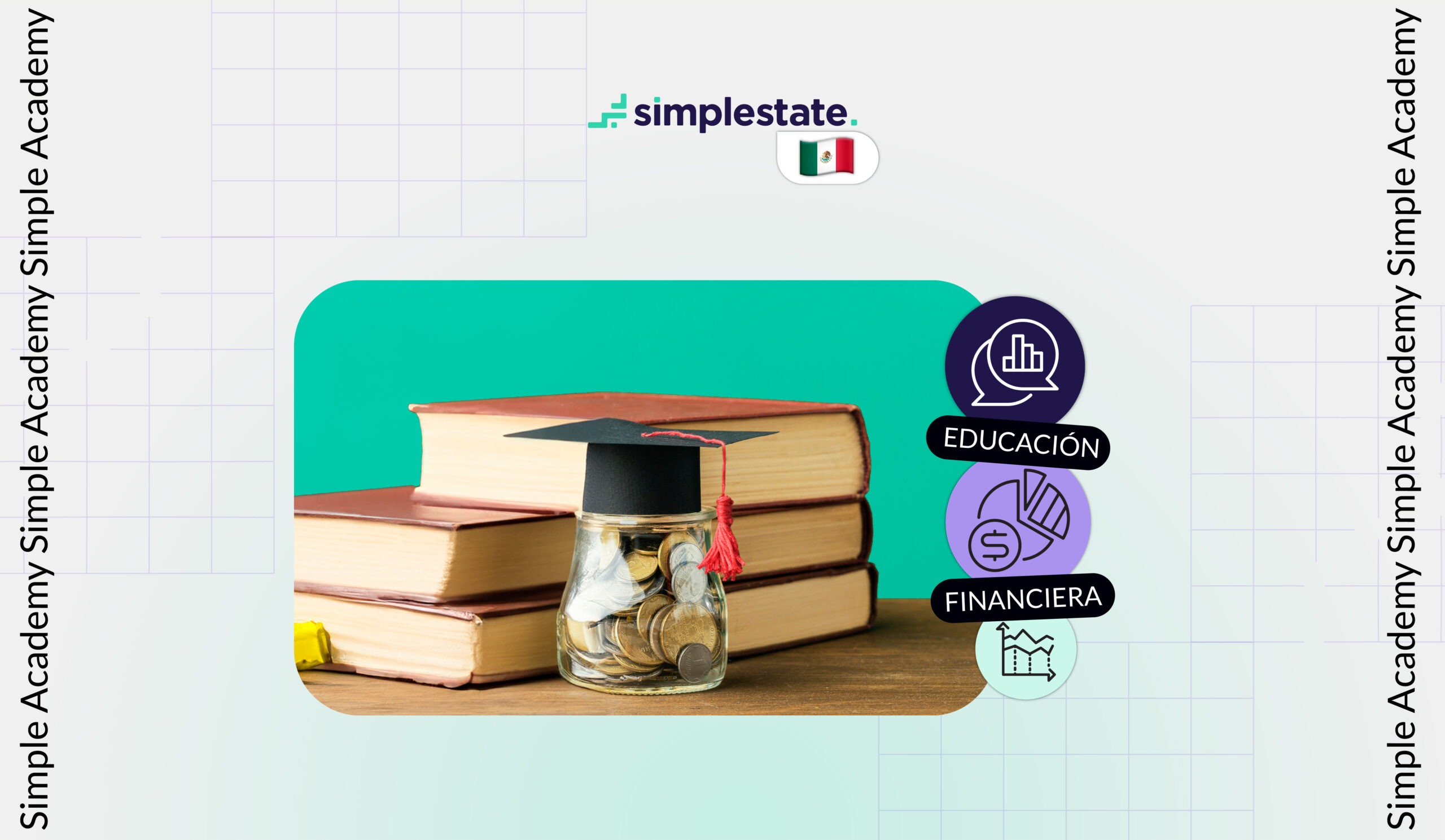 Libros y frasco con monedas y un birrete simbolizando la educación financiera